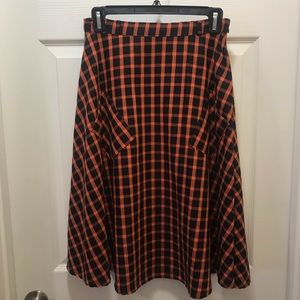Orange and black plaid midi skirt